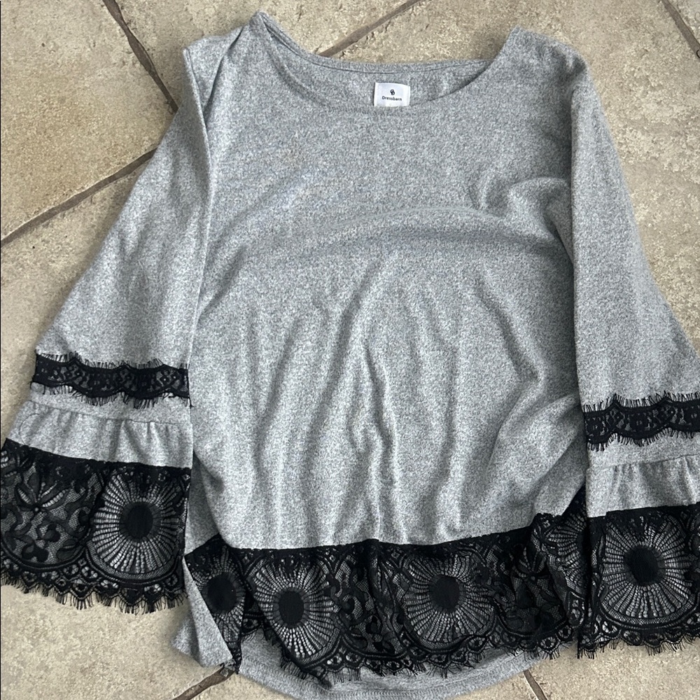 Dress Barn Silver Glitter Lace Bell Sleeve Top